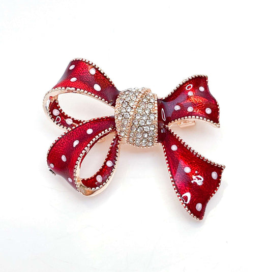 Vintage Style Red Spotted Bow Brooch | Rhinestone Crystal Ribbon Pin