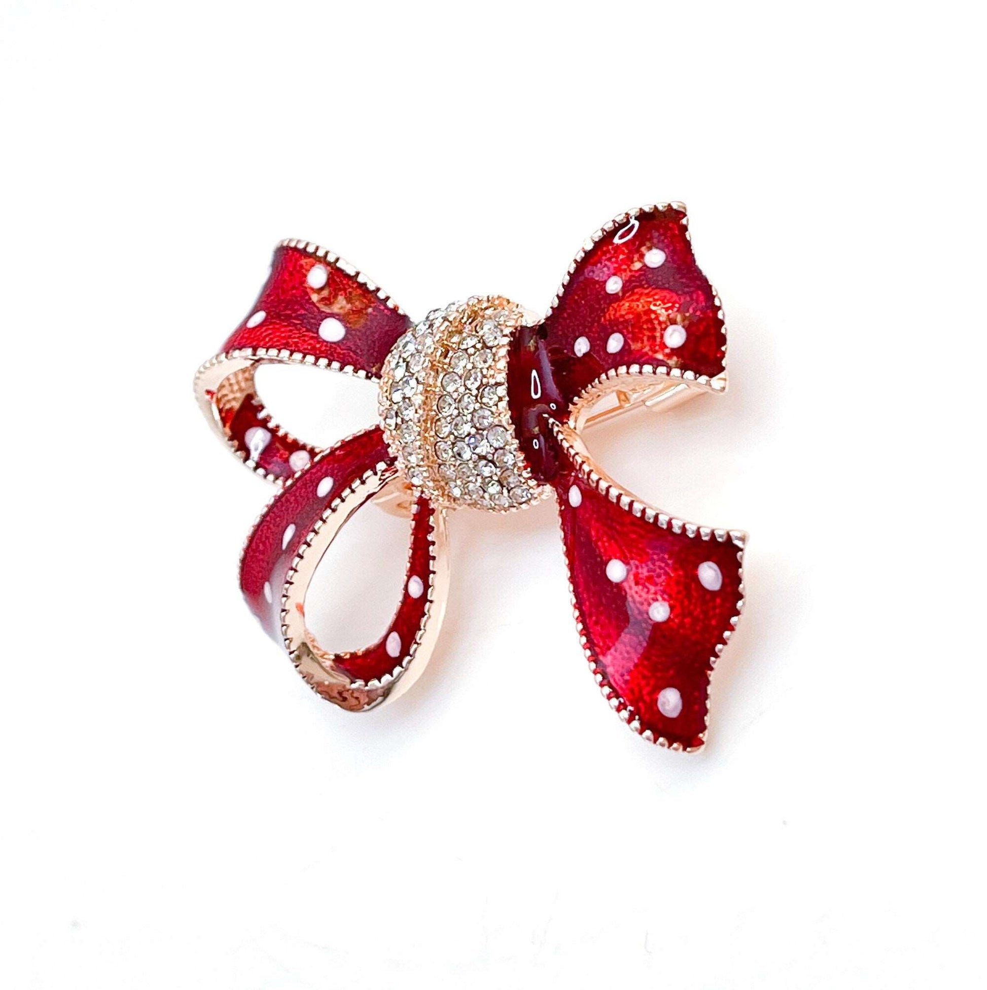 Vintage Style Red Spotted Bow Brooch | Rhinestone Crystal Ribbon Pin