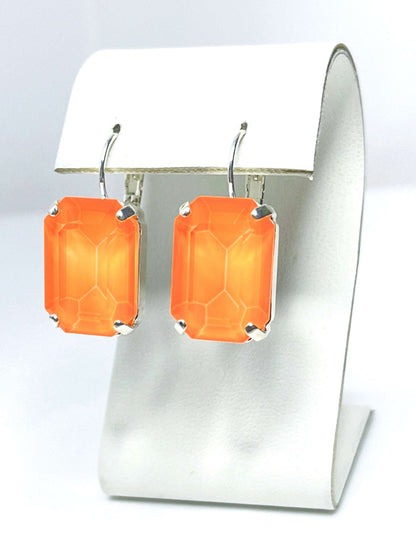 Electric Orange Crystal Earrings, Large Silver Drops, Vintage Style, Georgian Collet, Rectangle Statement Drops, Earrings For Women