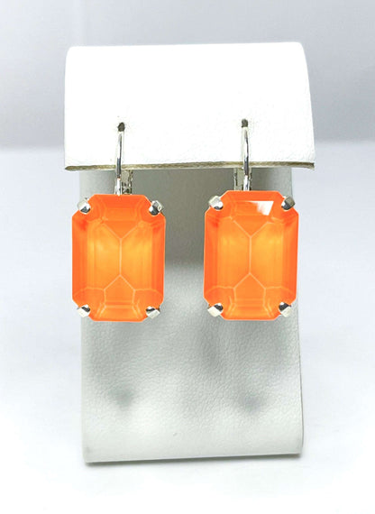 Electric Orange Crystal Earrings, Large Silver Drops, Vintage Style, Georgian Collet, Rectangle Statement Drops, Earrings For Women