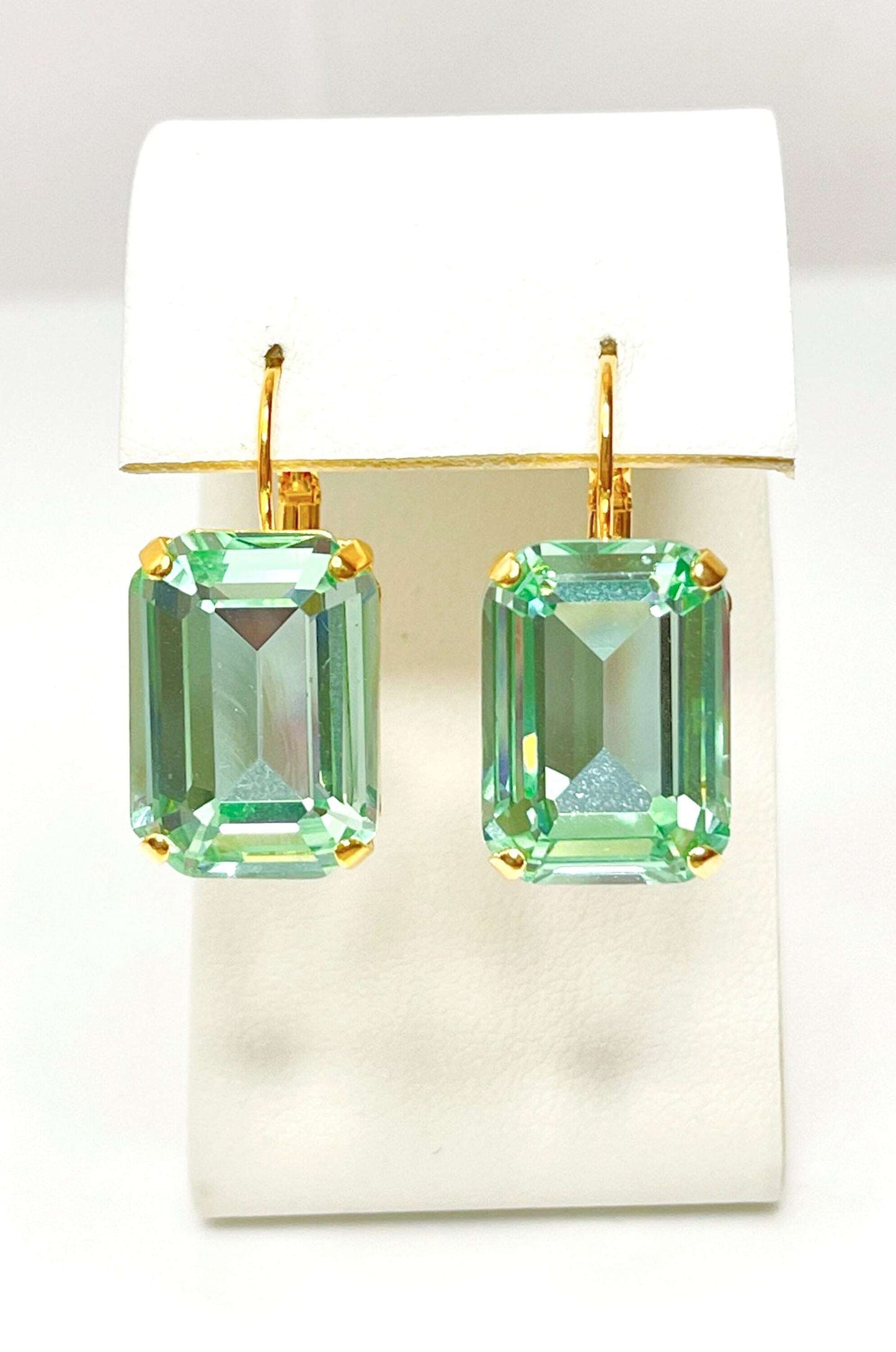 Mint Green Crystal Earrings | Gold Plated Drops | Vintage Style | Georgian Collet Rectangle Drops