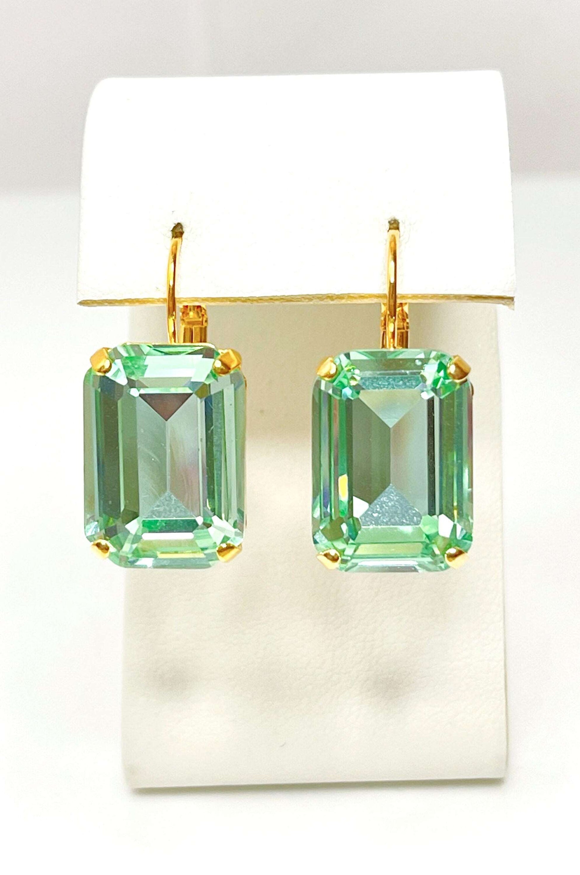 Mint Green Crystal Earrings | Gold Plated Drops | Vintage Style | Georgian Collet Rectangle Drops