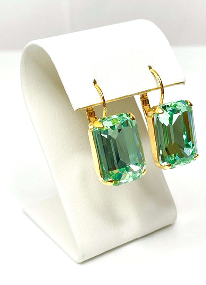 Mint Green Crystal Earrings | Gold Plated Drops | Vintage Style | Georgian Collet Rectangle Drops