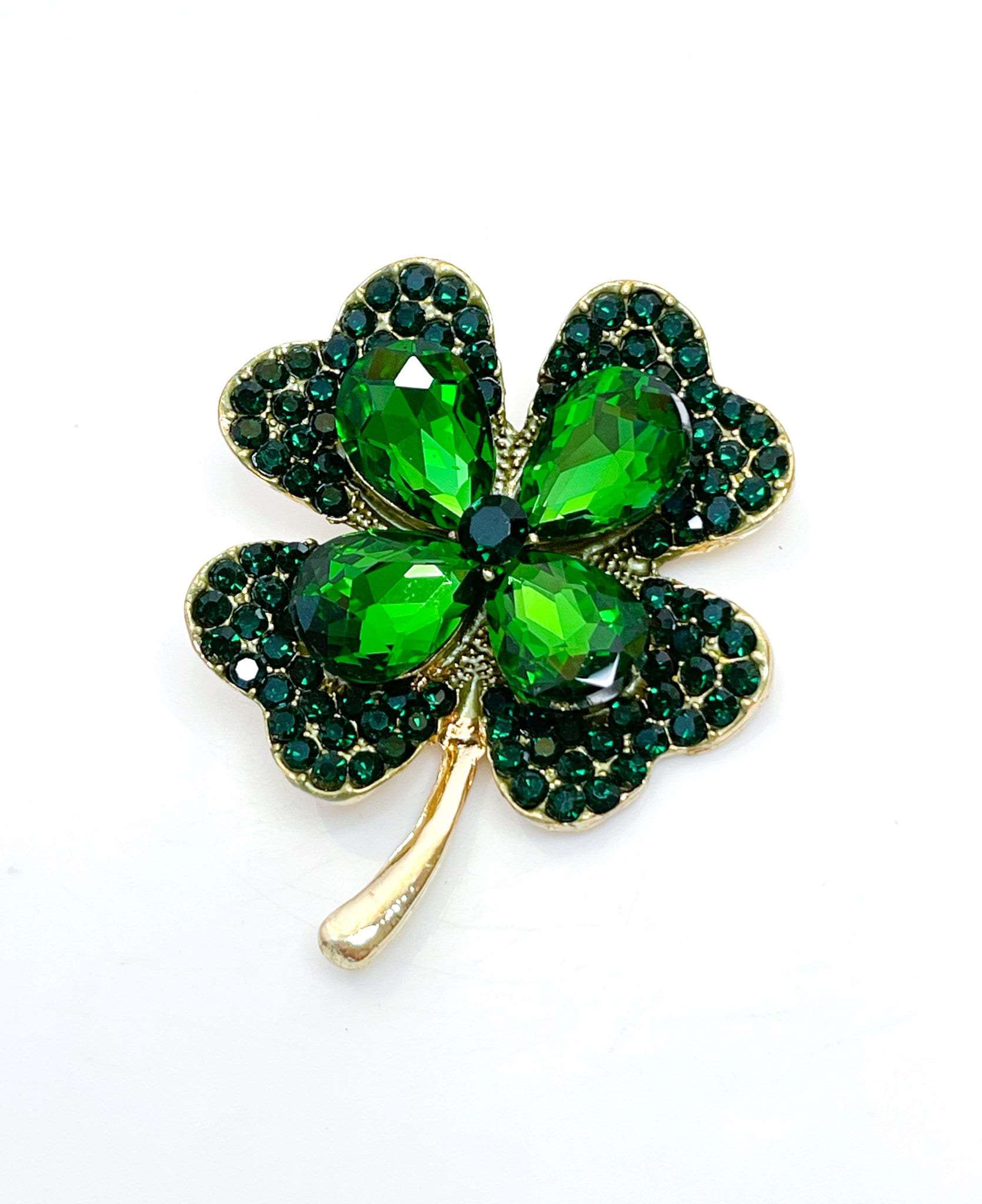 Beautiful Green Crystal Four Leaf Clover Brooch | Green Irish Leaf Pin