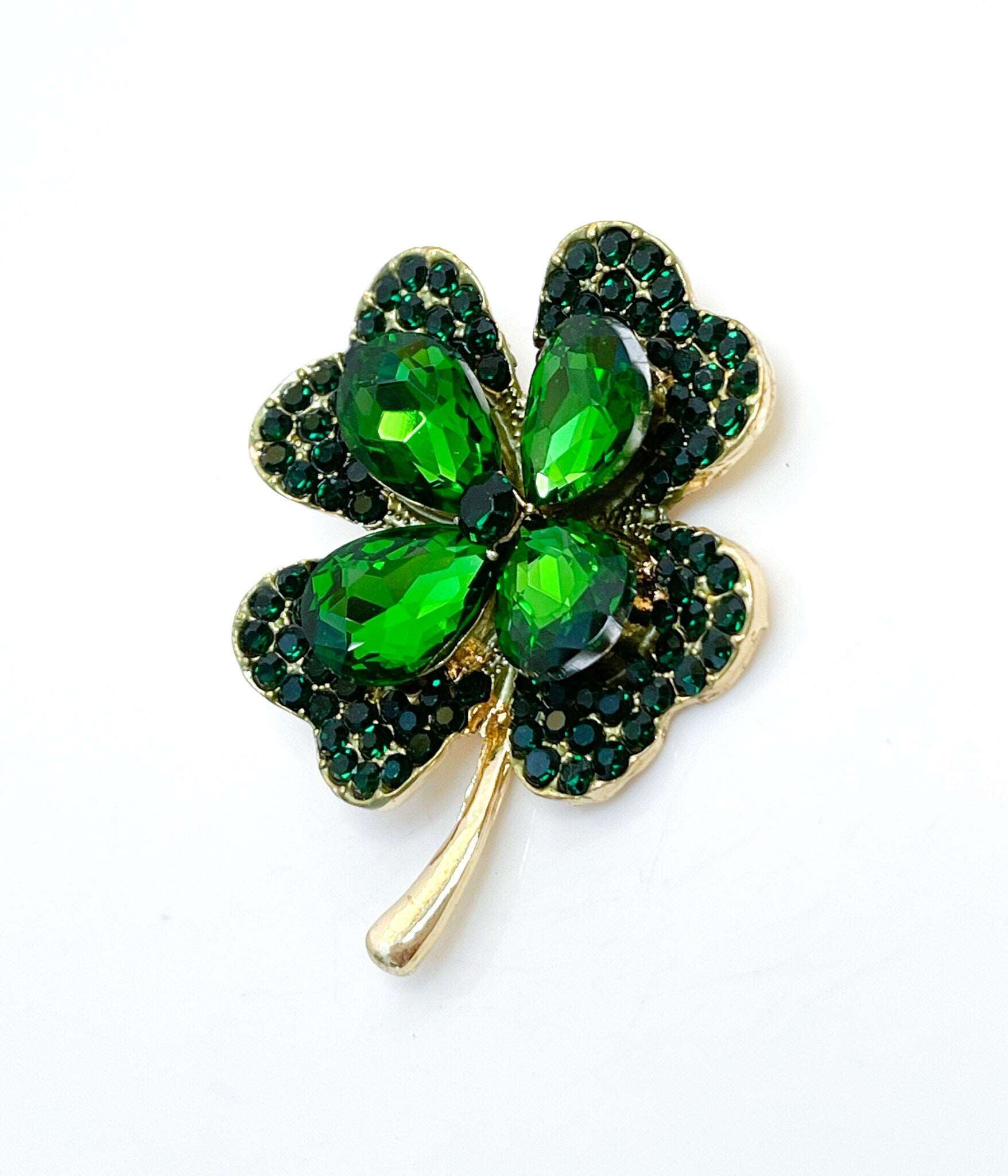 Beautiful Green Crystal Four Leaf Clover Brooch | Green Irish Leaf Pin