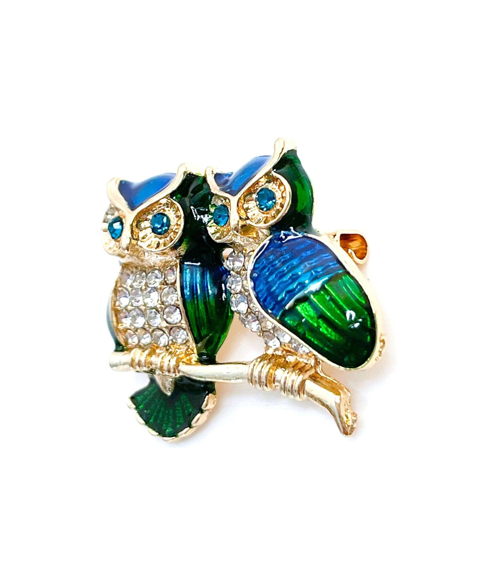 Cute Blue Green Owls Brooch | Two Crystal Owls on a Branch