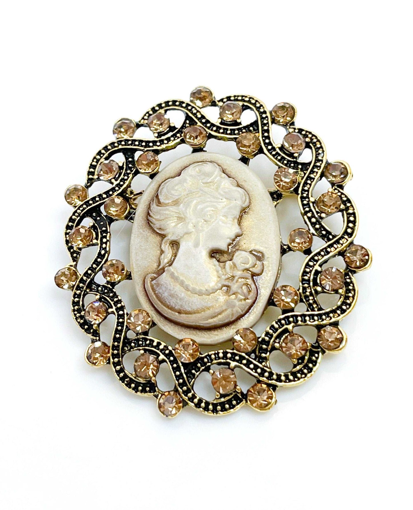 Antique Gold Crystal Cameo Brooch | Victorian Lady Pin