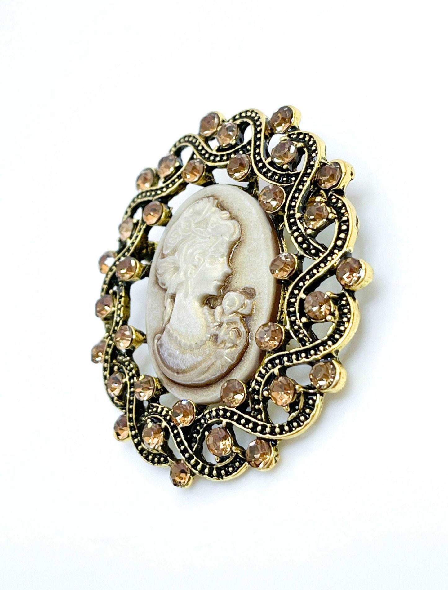 Antique Gold Crystal Cameo Brooch | Victorian Lady Pin