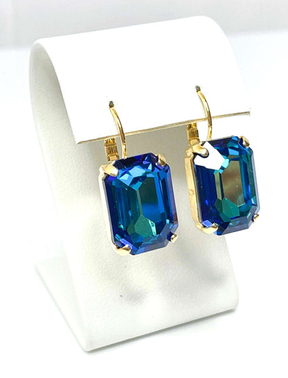 Bermuda Blue Crystal Earrings, Gold Plated Drops, Vintage Style, Georgian Collet, Rectangle Statement Drops, Earrings For Women