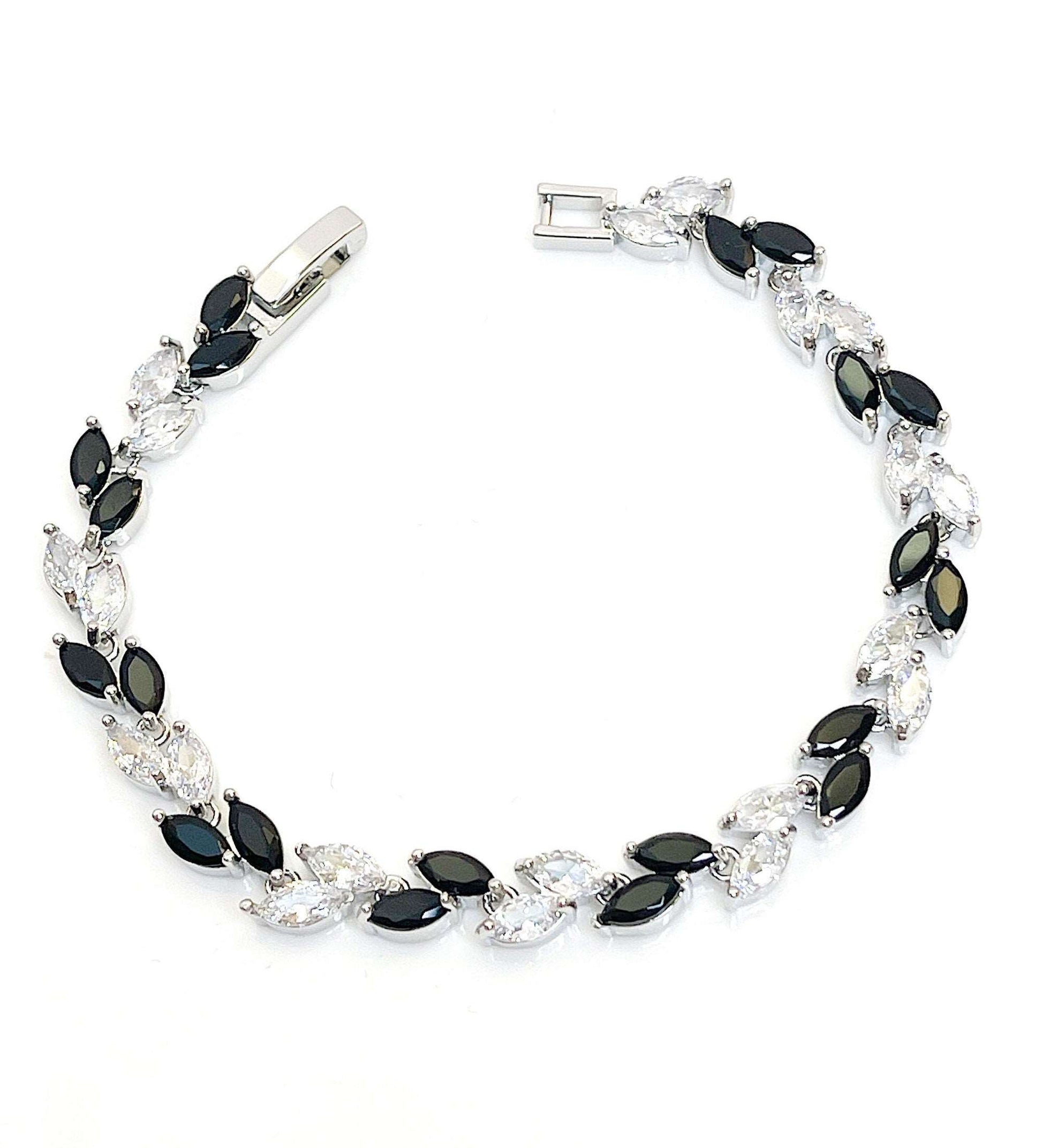 Black Clear Leaf CZ Crystal Bracelet | Silver Plated | Adjustable
