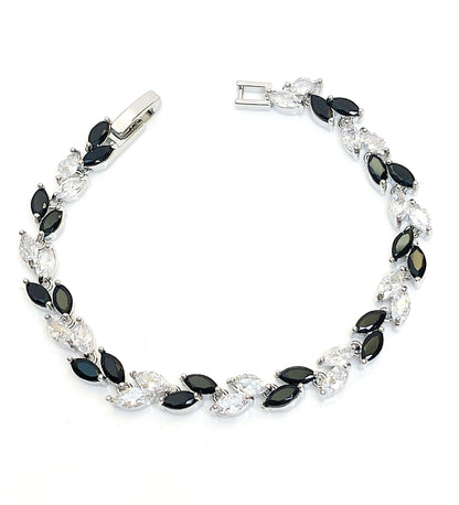 Black Clear Leaf CZ Crystal Bracelet | Silver Plated | Adjustable