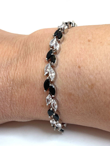 Black Clear Leaf CZ Crystal Bracelet | Silver Plated | Adjustable