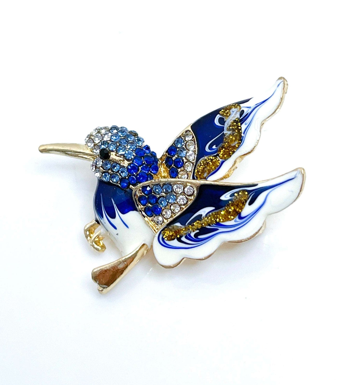 Cute Hummingbird Brooch | Gift for Bird Lovers | Blue and Gold Hummingbird | Cute Bird Pin