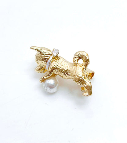 Gold Cute Dog Brooch | Gift for Dog Lovers | Puppy Dog with Ball Pin