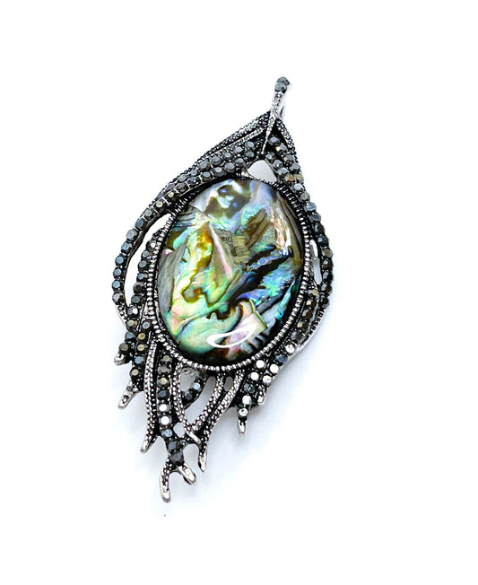 Gorgeous Antique Silver Leaf Brooch, Crystal Leaf Pin, Abalone Shell Jewelry, Stylish Vintage Pin, Brooches For Women