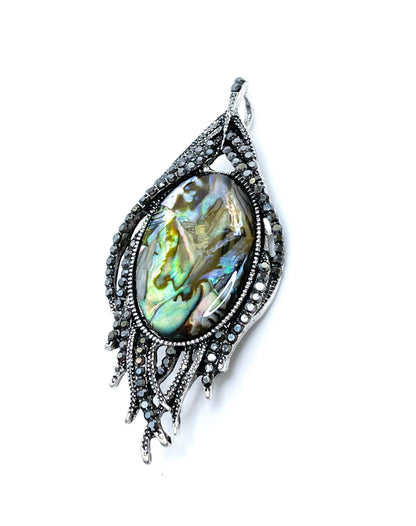 Gorgeous Antique Silver Leaf Brooch, Crystal Leaf Pin, Abalone Shell Jewelry, Stylish Vintage Pin, Brooches For Women