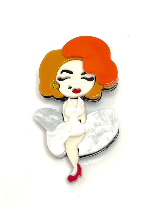Marilyn Monroe Brooch, Film Star Lady Pin, Fashion Pin for Jacket Scarf, Lady in White Dress Pin, Brooches For Women