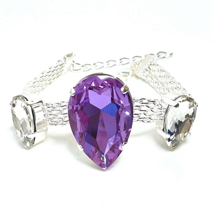 Violet Crystal Silver Mesh Bracelet, Large Teardrop Cuff, Statement Jewellery, Georgian Style Bracelet, Bracelets for Women