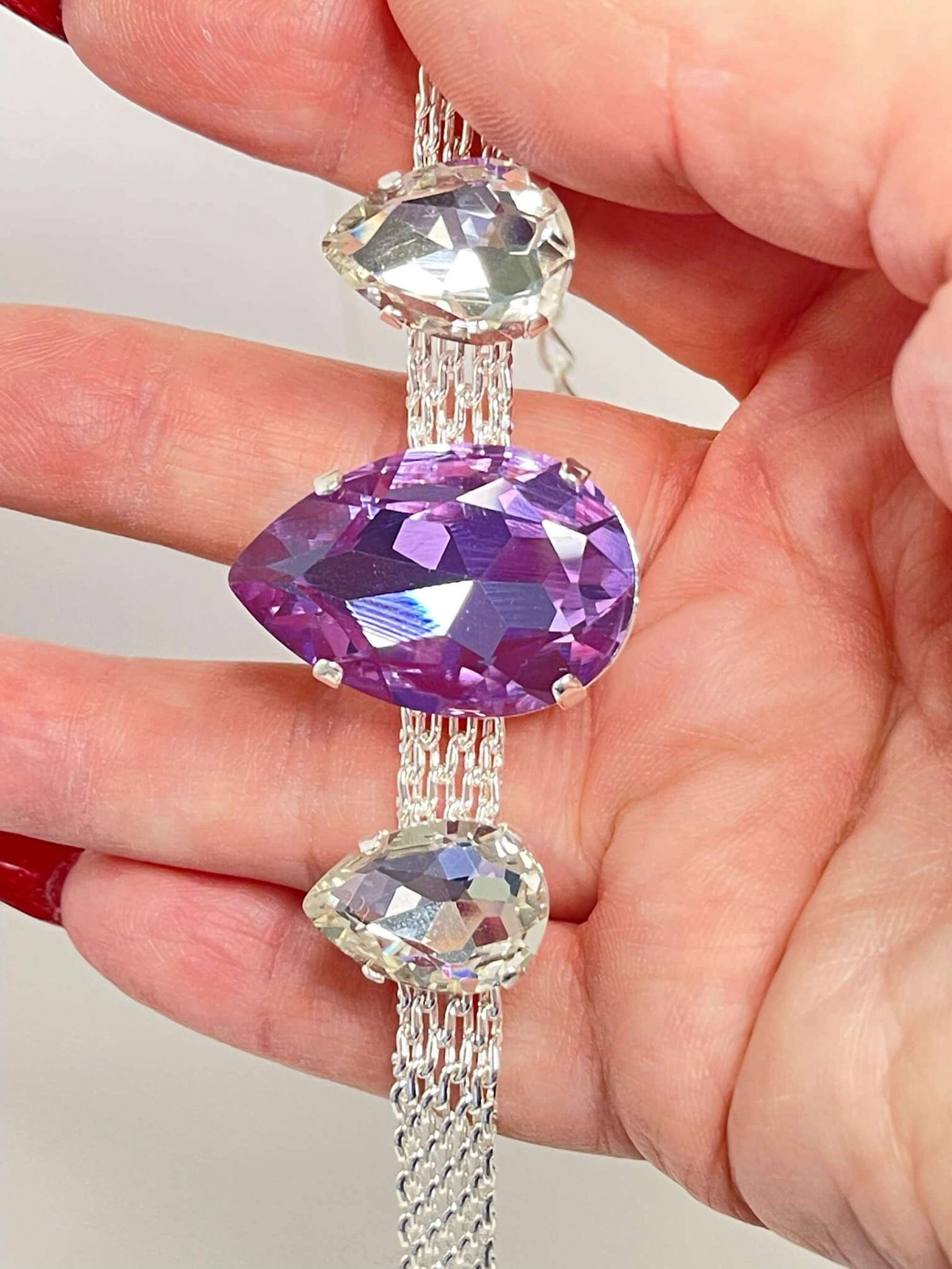 Violet Crystal Silver Mesh Bracelet, Large Teardrop Cuff, Statement Jewellery, Georgian Style Bracelet, Bracelets for Women