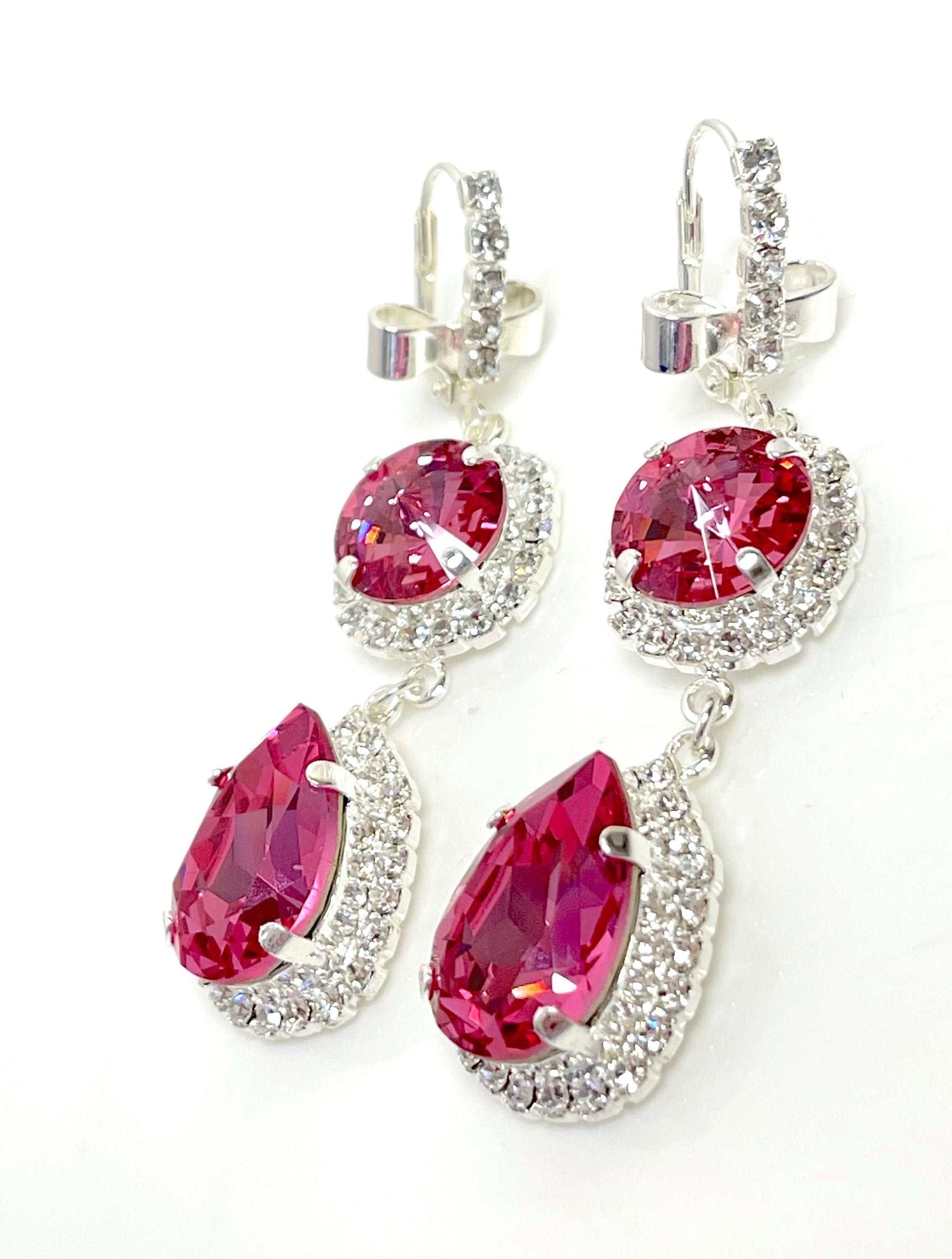 Rose Pink Crystal Earrings | Vintage Style Georgian Collet | Teardrop Statement Drops