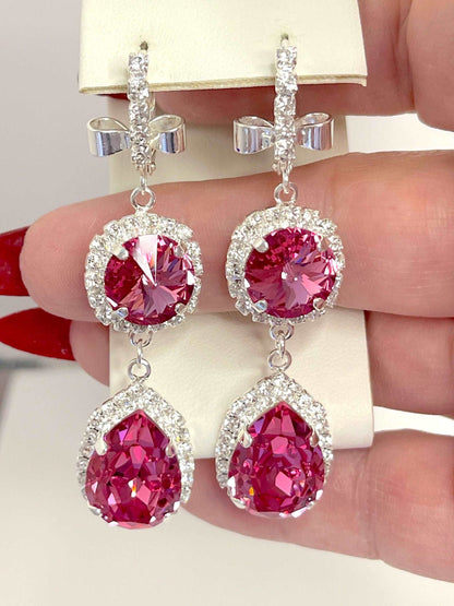 Rose Pink Crystal Earrings | Vintage Style Georgian Collet | Teardrop Statement Drops