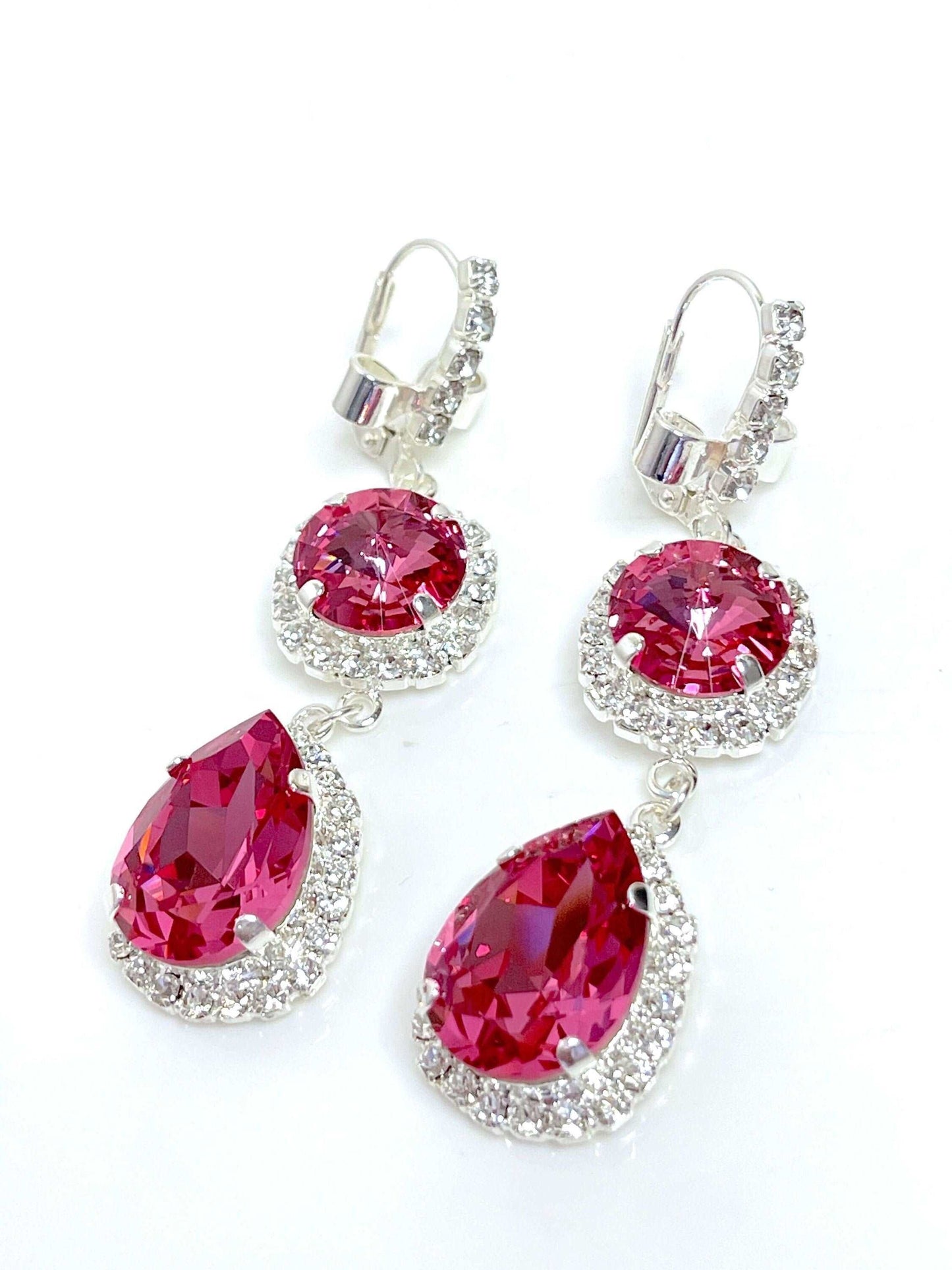 Rose Pink Crystal Earrings | Vintage Style Georgian Collet | Teardrop Statement Drops