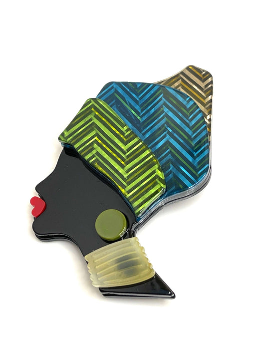 Blue Green African Lady Brooch, Jamaican Princess Pin, Ethnic Brooch, Fashion Pin for Jacket Scarf, Lady in Cloth Hat, Brooches For Women