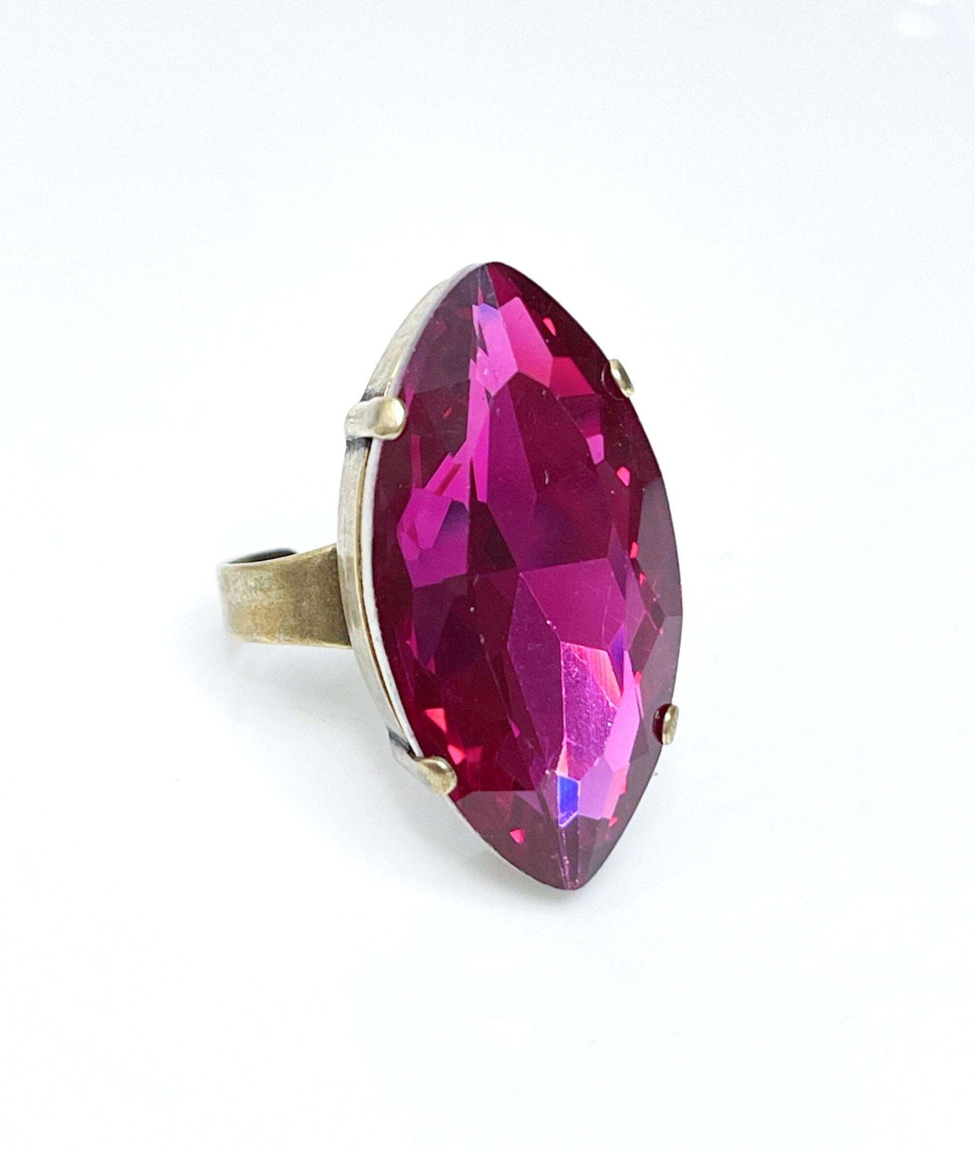 Fuchsia Pink Crystal Ring, Large Pink Statement Ring, Antique Brass, Georgian Collet, Vintage Style, Rings For Women, Violet Navette