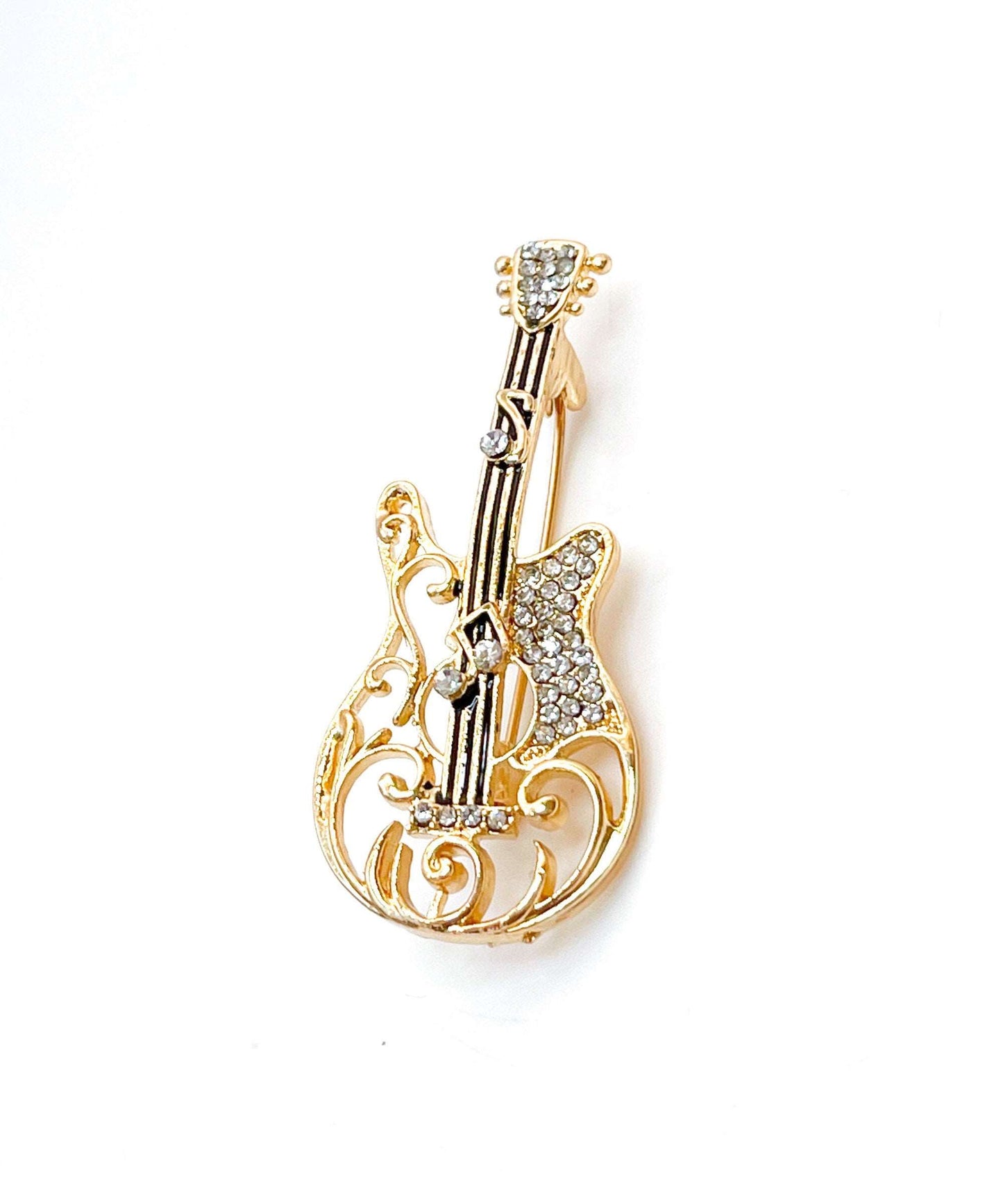 Gold Crystal Guitar Brooch, Filigree Fashion Brooch, Unisex Jewellery, Music Lovers Brooch, Rockers Pin, Guitar Lovers Gift