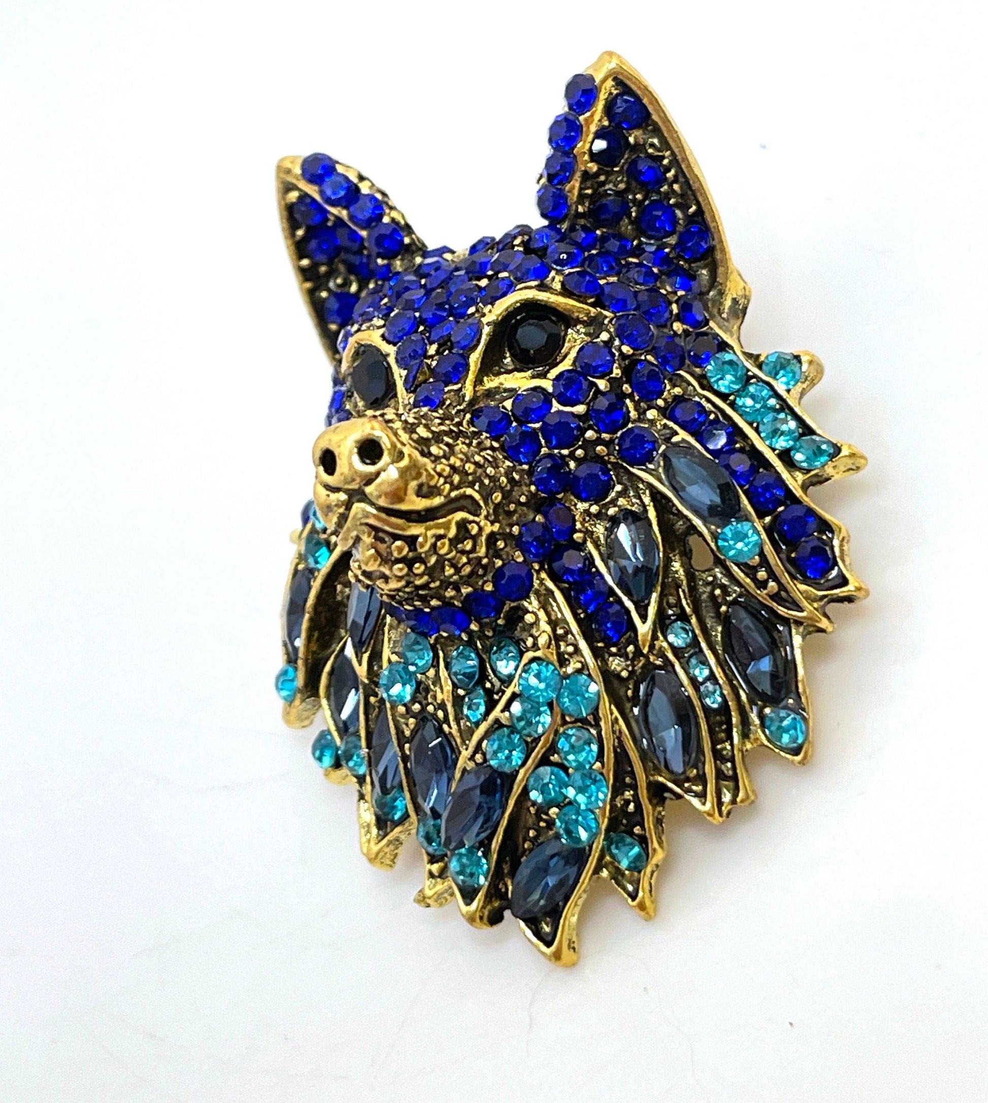 Blue Crystal Wolf Head Brooch | Sapphire and Turquoise Dire Wolf Pin | Unisex