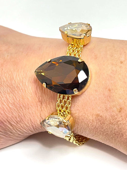 Smoked Topaz Crystal Gold Mesh Bracelet, Large Teardrop Cuff, Statement Jewellery, Georgian Style Bracelet, Bracelets for Women