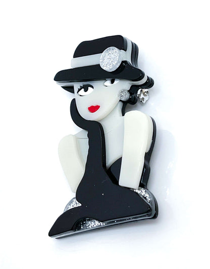 Elegant 1920's Lady Brooch | Lady in Black Hat with Long Gloves Fashion Pin