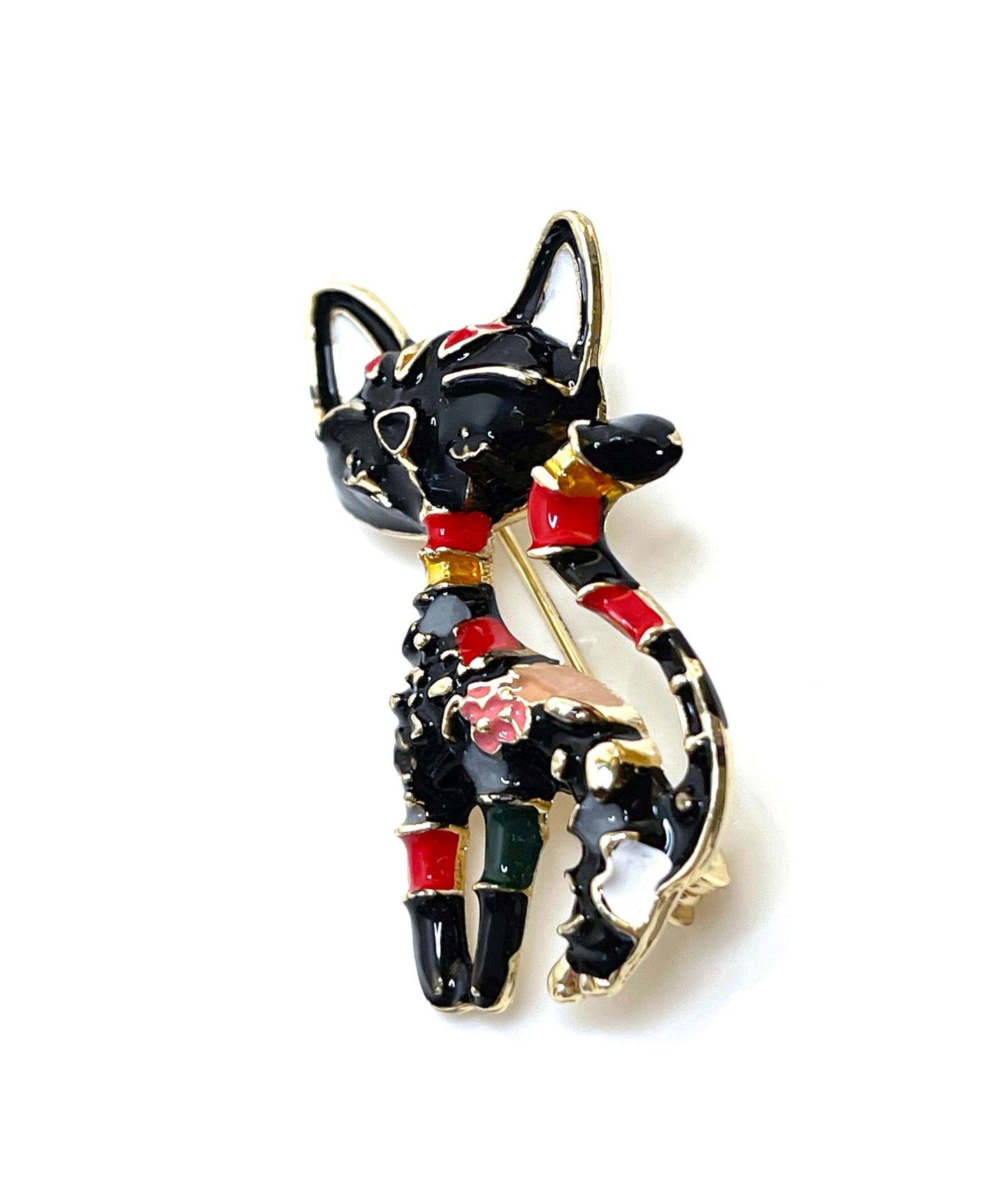 Cute Black Cat Brooch | Multicoloured Enamel Cat Pin