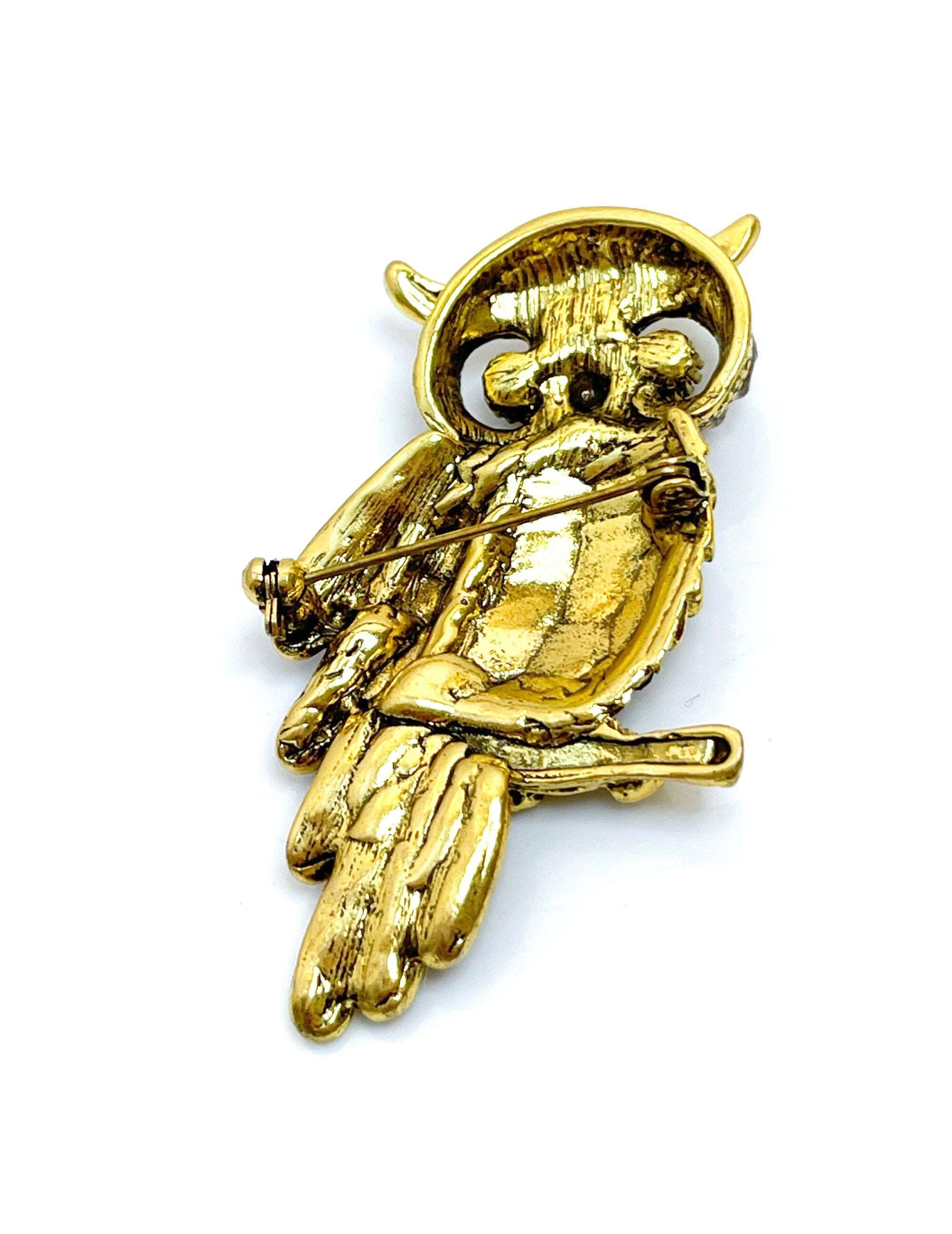 Antique Gold Vintage Owl Brooch | Rhinestone Crystal Pin | Owl Lovers Gift