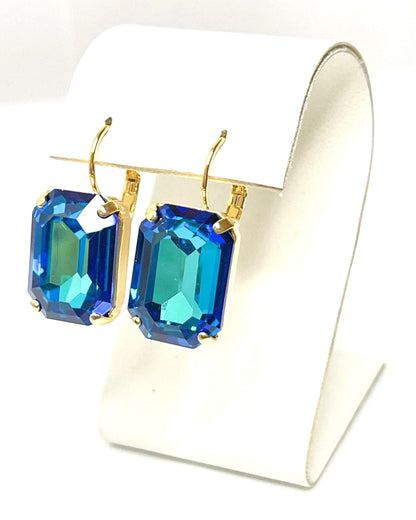 Bermuda Blue Crystal Earrings, Gold Plated Drops, Vintage Style, Georgian Collet, Rectangle Statement Drops, Earrings For Women