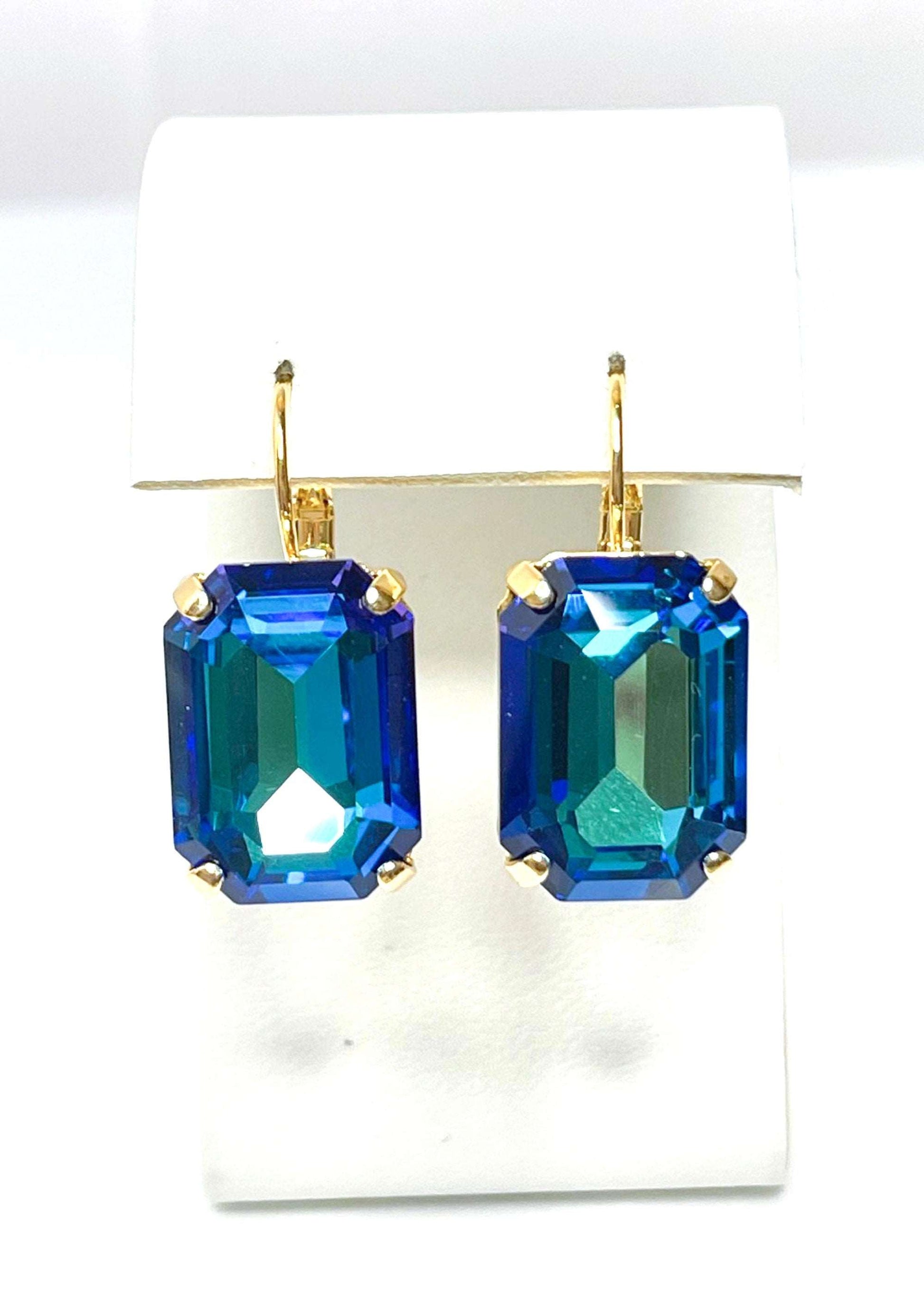 Bermuda Blue Crystal Earrings, Gold Plated Drops, Vintage Style, Georgian Collet, Rectangle Statement Drops, Earrings For Women