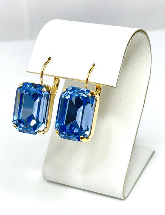 Light Sapphire Crystal Earrings, Gold Plated Drops, Vintage Style, Georgian Collet, Rectangle Statement Drops, Earrings For Women