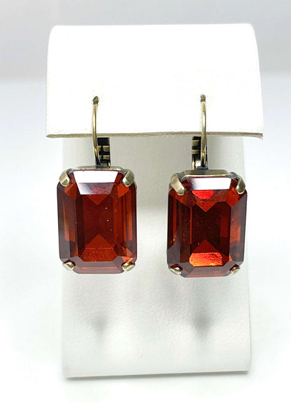 Tangerine Crystal Earrings, Antique Brass Drops, Tangerine Vintage Style, Georgian Collet, Rectangle Statement Drops, Earrings For Women