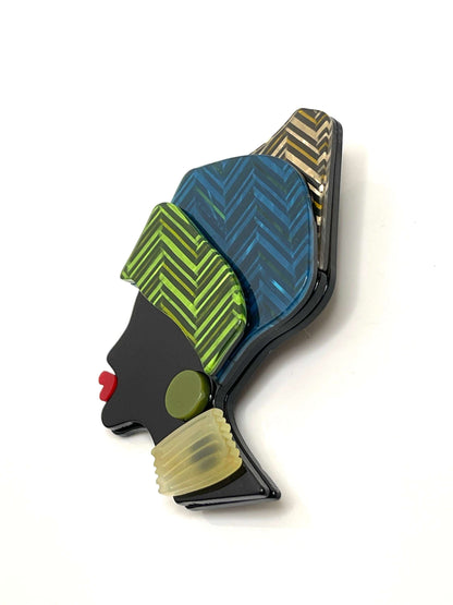 Blue Green African Lady Brooch, Jamaican Princess Pin, Ethnic Brooch, Fashion Pin for Jacket Scarf, Lady in Cloth Hat, Brooches For Women