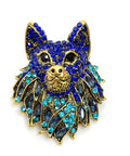 Blue Crystal Wolf Head Brooch | Sapphire and Turquoise Dire Wolf Pin | Unisex
