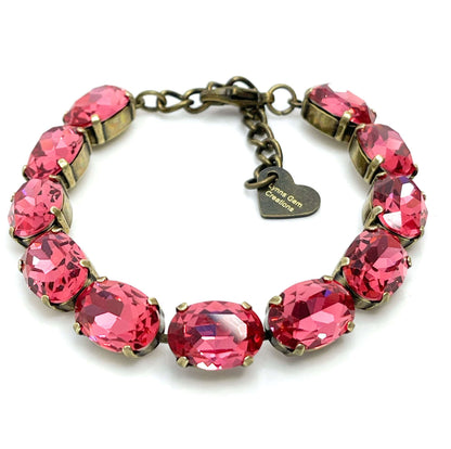 Rose Pink Crystal Bracelet | Antique Brass | Oval Pink Tennis Bracelet | Georgian Bracelet