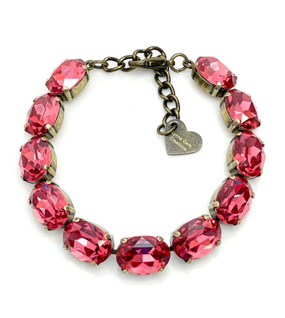 Rose Pink Crystal Bracelet | Antique Brass | Oval Pink Tennis Bracelet | Georgian Bracelet