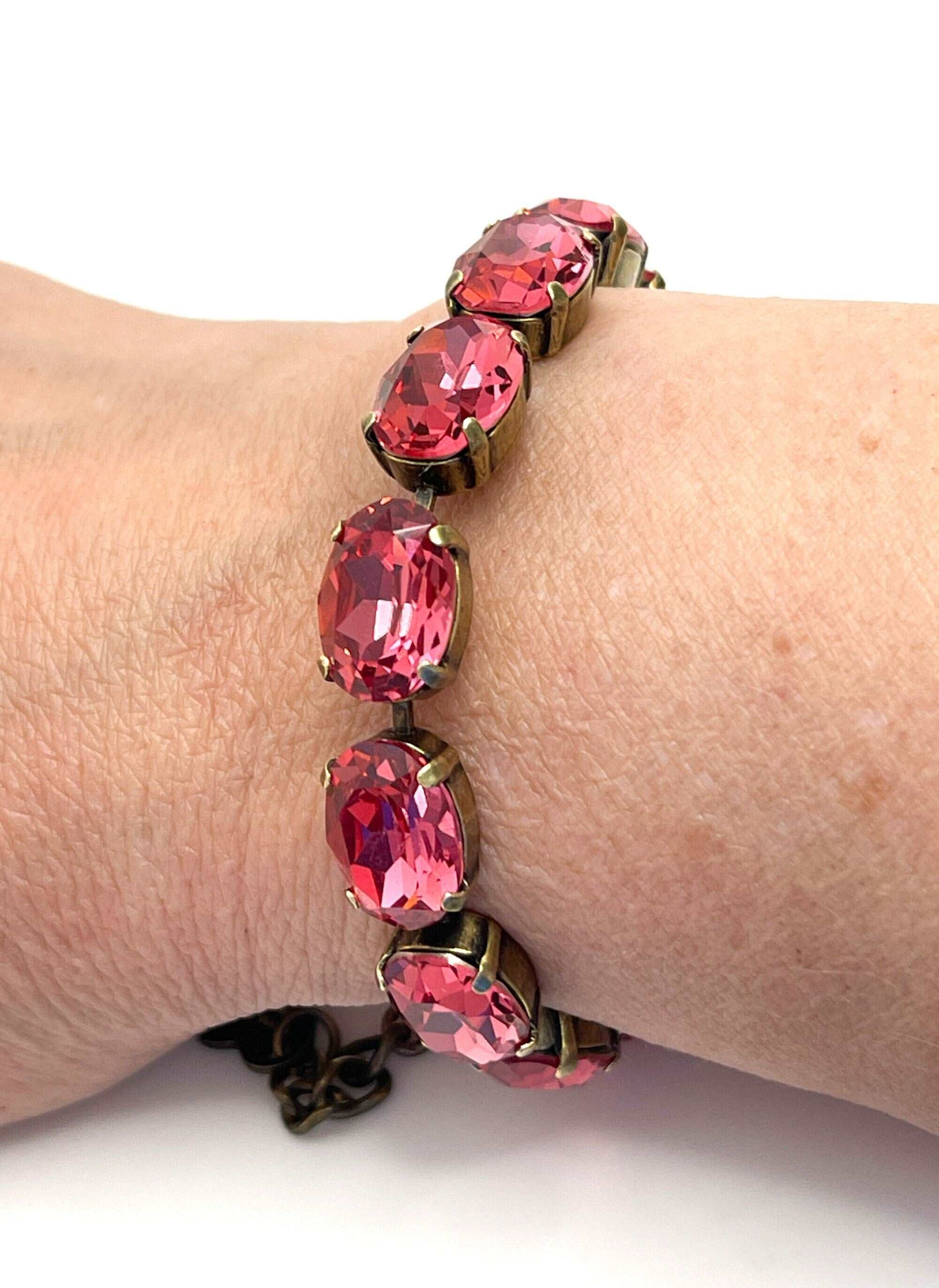 Rose Pink Crystal Bracelet | Antique Brass | Oval Pink Tennis Bracelet | Georgian Bracelet