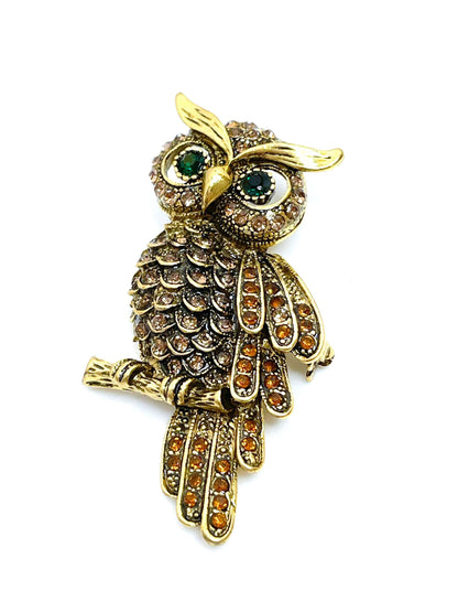 Antique Gold Vintage Owl Brooch | Rhinestone Crystal Pin | Owl Lovers Gift