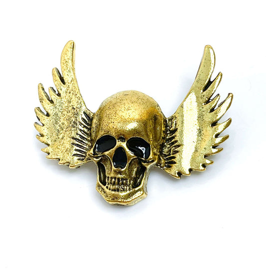 Antique Gold Winged Skull Brooch | Unisex Gothic Brooch | Bikers Pin 