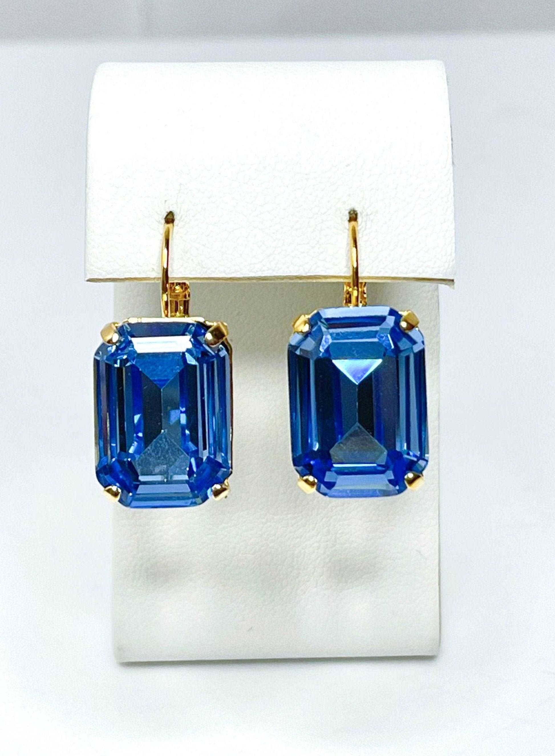 Light Sapphire Crystal Earrings, Gold Plated Drops, Vintage Style, Georgian Collet, Rectangle Statement Drops, Earrings For Women