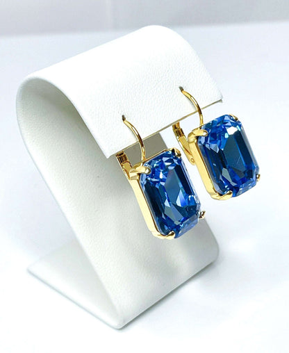 Light Sapphire Crystal Earrings, Gold Plated Drops, Vintage Style, Georgian Collet, Rectangle Statement Drops, Earrings For Women