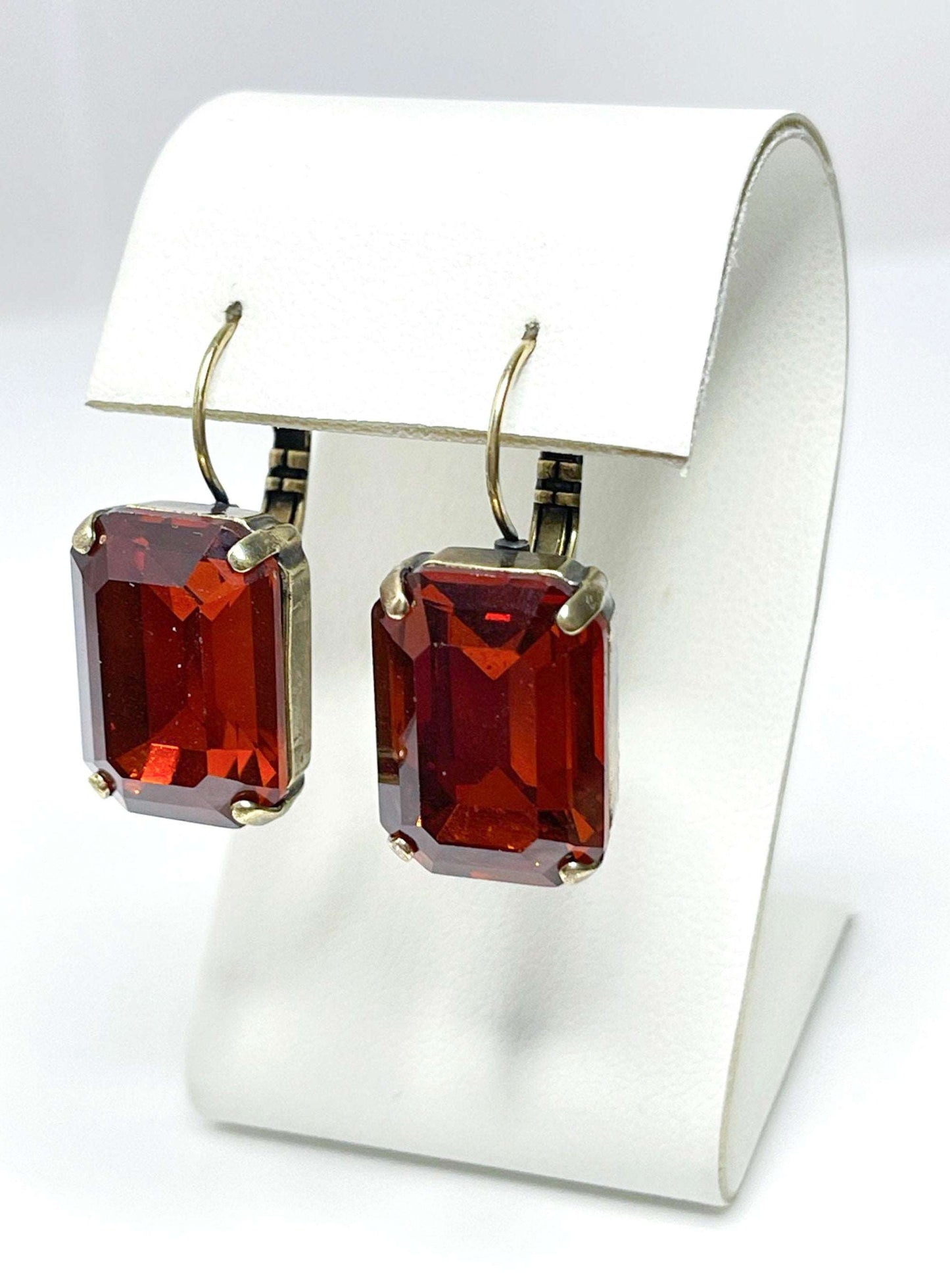 Tangerine Crystal Earrings, Antique Brass Drops, Tangerine Vintage Style, Georgian Collet, Rectangle Statement Drops, Earrings For Women