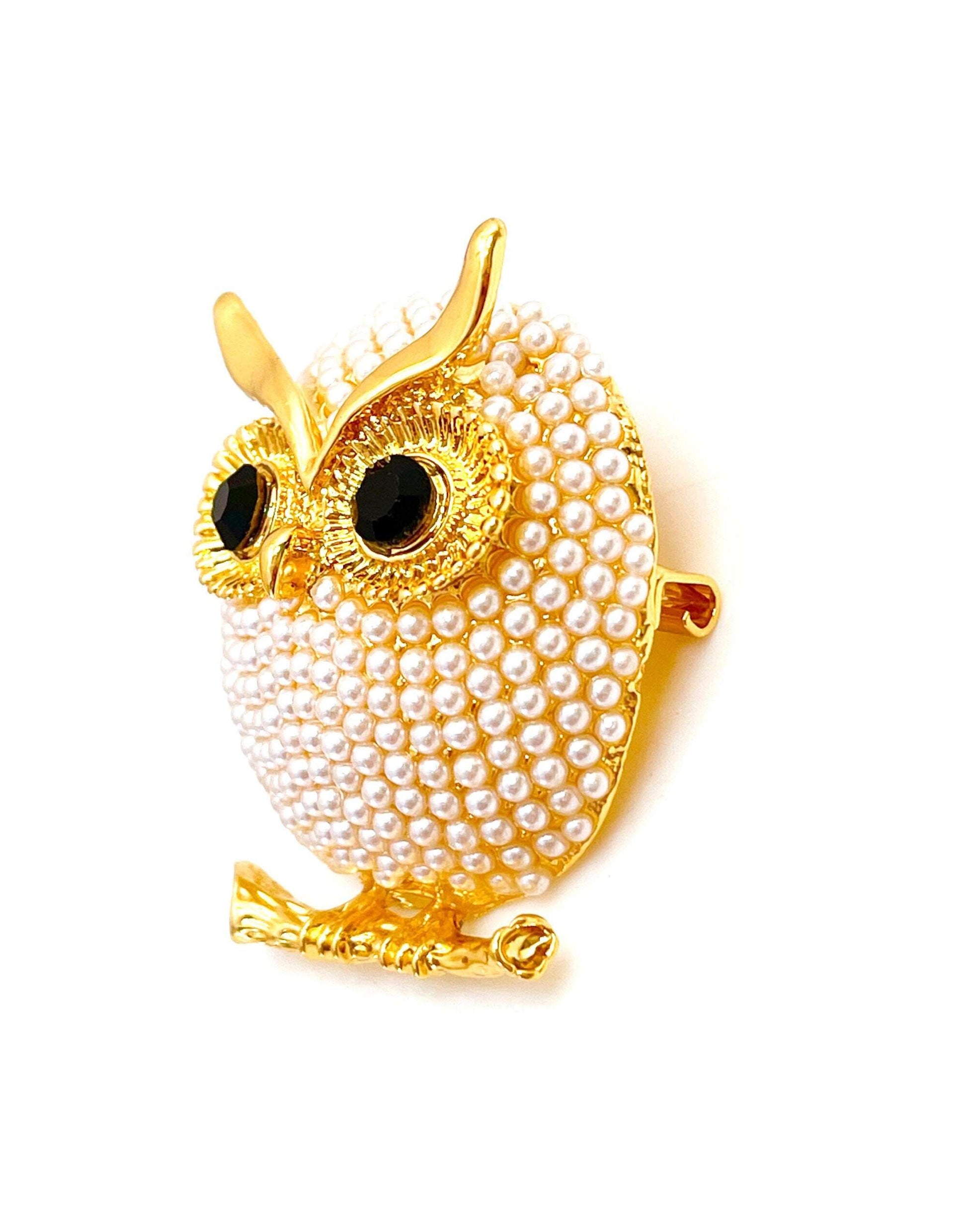 Cute Vintage Style Owl Brooch | Rhinestone Crystal Pin | Owl With Pearls