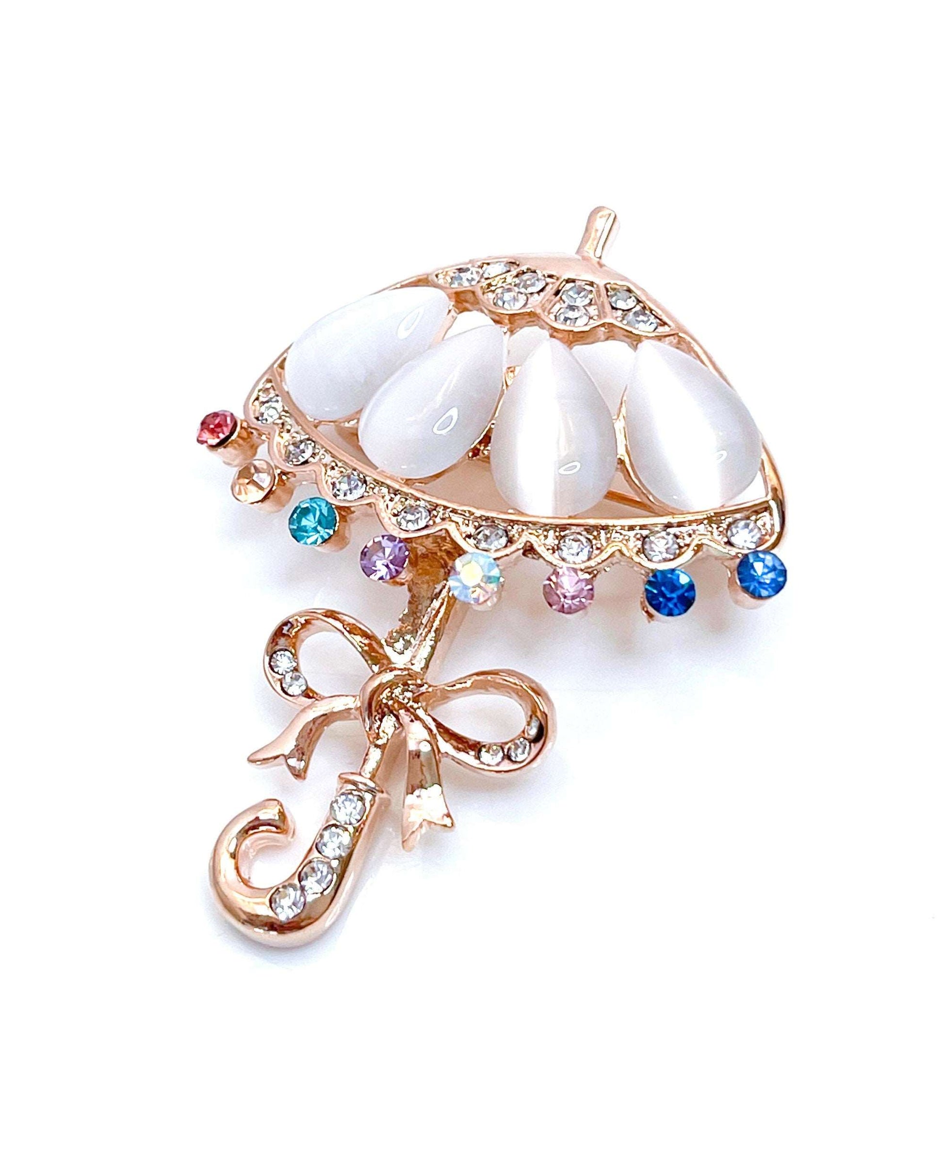 Beautiful Faux Opal Umbrella Brooch, Fun Crystal Brolly Pin, Vintage Style Summer Brolly, Brooches For Women